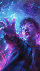 A boy extends his hand, captivated by a colorful digital landscape filled with floating data and holograms, showcasing a futuristic environment