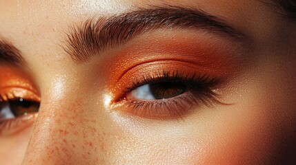 Fototapeta premium Stunning woman with flawless eyebrows and vibrant orange eyeshadow radiates beauty and elegance in a captivating close-up portrait