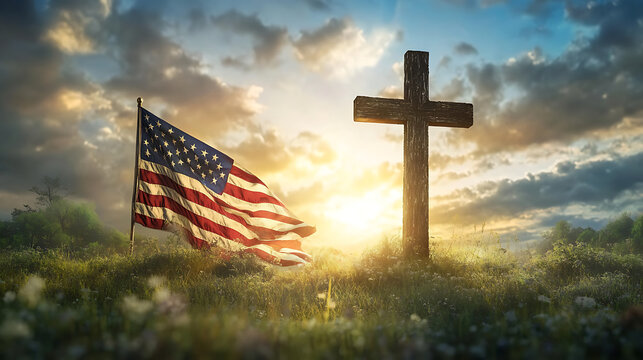 American flag draped over a cross in a field of green, with soft sunlight filtering through the clouds
