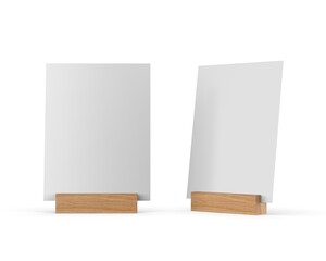 Blank table talkers promotional upright menu table tent top sign holder table menu and qr card display stand picture frame for mock up and template design. 3d render illustration.