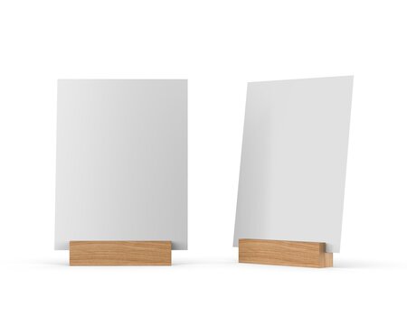 Blank table talkers promotional upright menu table tent top sign holder table menu and qr card display stand picture frame for mock up and template design. 3d render illustration.