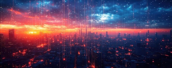 Fototapeta premium Futuristic skyline illuminated by drones, vibrant city lights reflecting off metallic surfaces, high-tech urban exploration scene