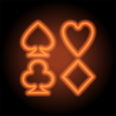 Playing cards symbols. Heart, spade, diamond, clubs simple icon vector. Flat design. Orange neon on black background