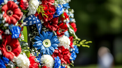Patriotic wreath made of red, white, and blue flowers, with a ribbon that reads "Thank You Veterans"