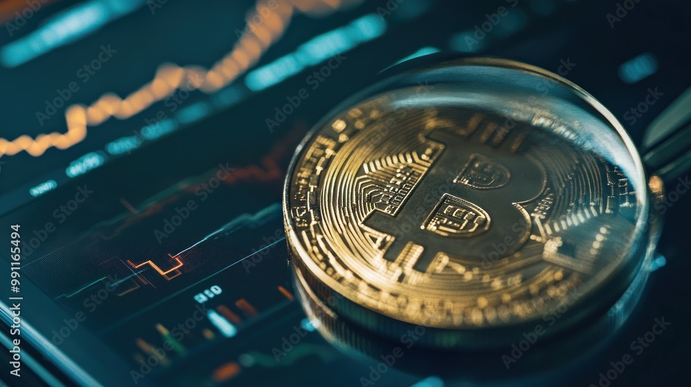 Poster a close-up of a bitcoin on a digital screen displaying cryptocurrency trends.