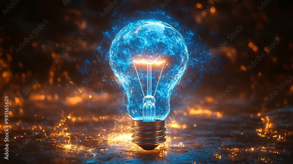 Poster glowing light bulb with a digital network structure.