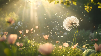 A dandelion dispersing its seeds in a field of pink flowers, bathed in warm sunlight.