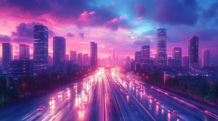 Fototapeta premium urban cityscape with an evening highway and light traffic, surrounded by modern skyscrapers and illuminated roads, highlighting the architectural beauty and efficient infrastructure of the city