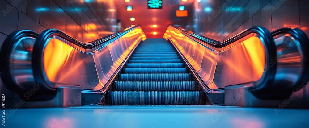 Poster empty escalator with colorful lighting in a modern building.