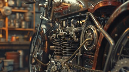 Close-up View of a Vintage Motorcycle Engine