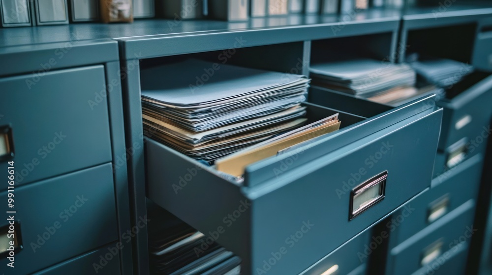 Aufkleber a close-up of an open drawer filled with organized files and documents.