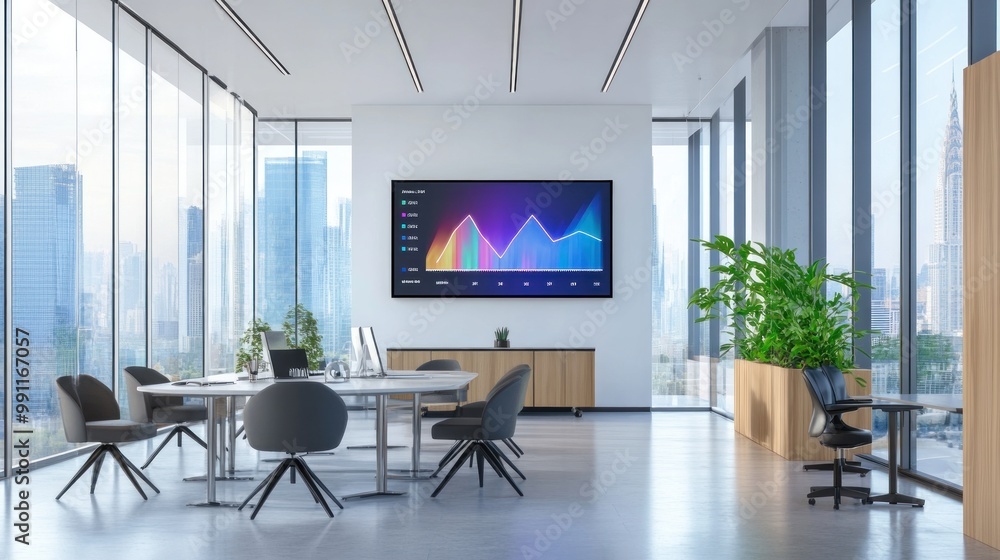 Poster modern office space with a large screen displaying data visualizations and plants.
