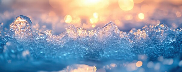 Sparkling water close-up with bubbles and gentle ripples under warm sunlight, creating a serene and tranquil atmosphere.