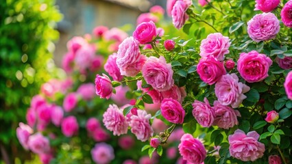 Pink Bulgarian rose bush in full bloom in a summer garden