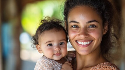 Fototapeta premium loving mother holding her smiling baby, capturing a heartwarming moment of maternal care, warmth, and happiness in a beautiful display of family love and connectio