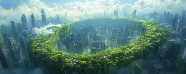 Fototapeta premium High-angle view of lush, vibrant fantasy landscapes intertwining with thriving eco-friendly cities, harmony in nature, deep blues and greens
