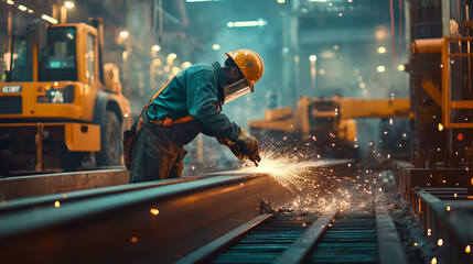 Industrial Worker Using Grinder with Sparks in Factory