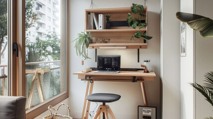 A compact home office designed for small spaces, featuring a slim standing desk, wall storage, and an ergonomic stool.