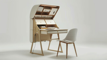 Fototapeta premium A compact home office desk designed for small spaces, with a foldable setup, efficient storage, and an ergonomic chair.