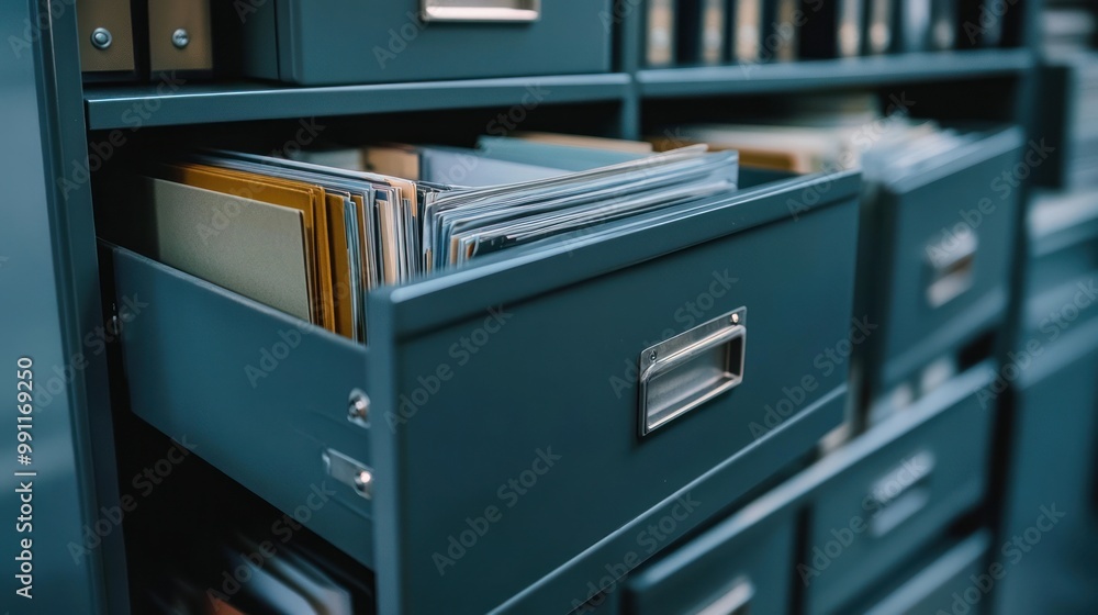 Poster a close-up of an open filing cabinet drawer filled with organized documents and folders.