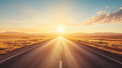 Fototapeta premium Endless Open Road at Sunset with Golden Fields and Dramatic Sky - Perfect for Travel and Adventure Themes