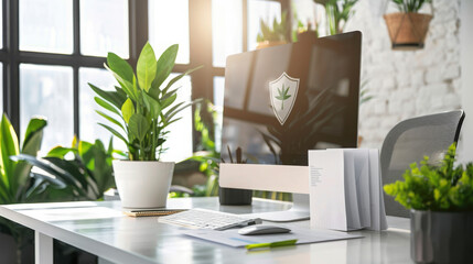 Clean and professional office setting with a desk, computer, and documents. frontal view, symmetrical composition.