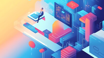 Fototapeta premium A modern digital illustration depicting a person working on a floating platform amidst colorful data and technology elements.