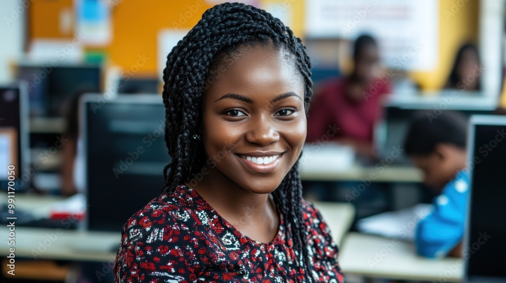 Poster a smiling young woman in a classroom setting with computers in the background.
