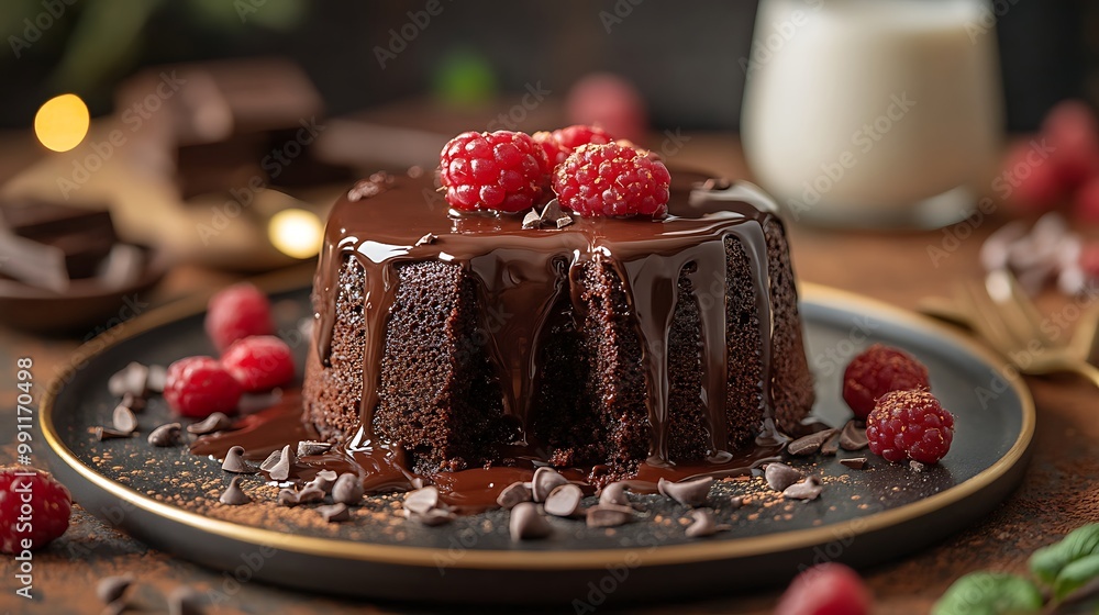 Poster chocolate lava cake with raspberry toppings.