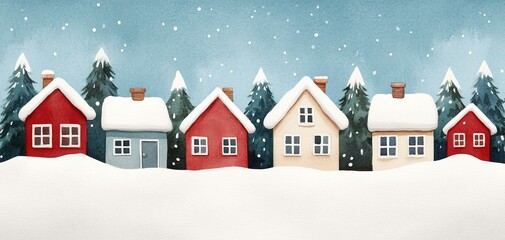 Fototapeta premium Charming winter houses with snow, surrounded by evergreen trees.