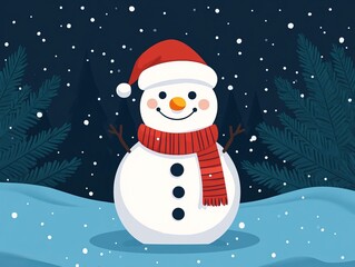 Fototapeta premium Cheerful snowman in a winter landscape with falling snow.