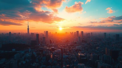 Obraz premium Long shot, rooftop view of a minimalist cityscape, tranquil and vast, soft pastel colors, drone perspective