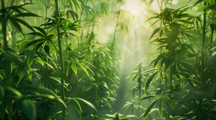 Naklejka premium A path through cannabis fields is growing densely