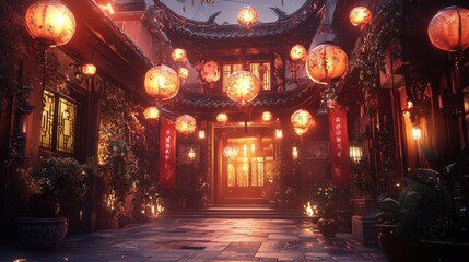 A peaceful scene of glowing lanterns hanging over a traditional Chinese courtyard, surrounded by New Year banners and decorations.