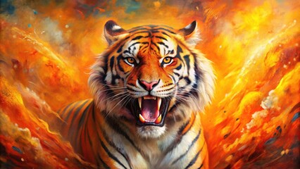 A captivating abstract painting of a roaring tiger surrounded by vibrant orange hues