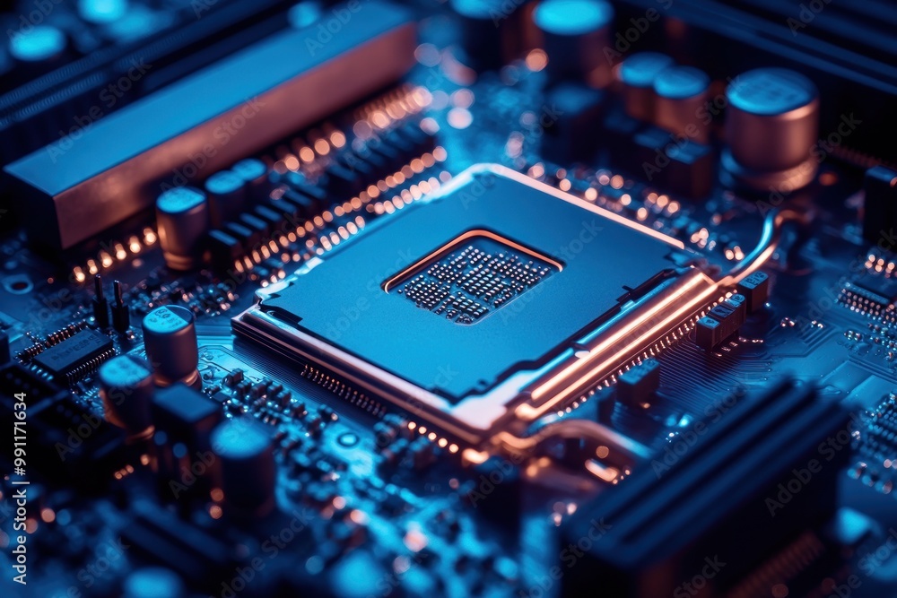 Aufkleber close-up of a computer motherboard featuring a central processing unit.