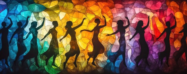 Fototapeta premium Low-angle view of vibrant silhouettes intertwined with psychological symbols, shadow dance reflecting human experience, vivid color contrasts