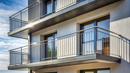 Fototapeta premium Modern balcony with coated metal railing on newly built house facade