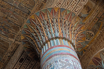 Hieroglyphic carvings on an ancient egyptian temple column