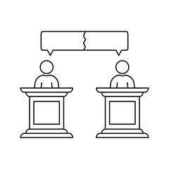 discussion between two speakers. concept of pr meeting, 2016 usa voting, duel, dialog, man figure, vs, polemic, senator primaries, podium. flat style black