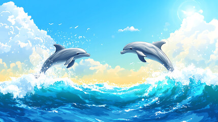 Fototapeta premium background with playful dolphins leaping above the ocean waves in a sunny tropical setting