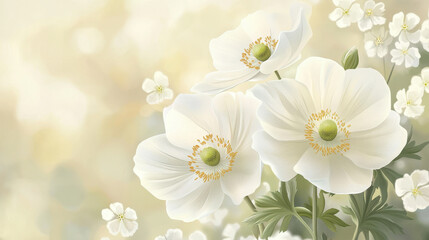 Obraz premium A beautiful illustration of white flowers with soft petals and subtle bokeh background. Perfect for design projects, greeting cards, or floral decor