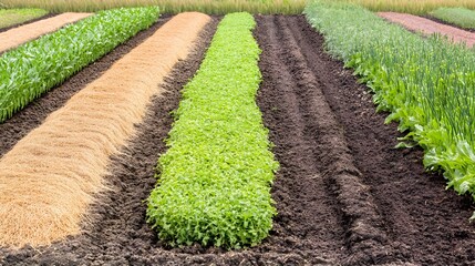 Rows of vibrant crops growing in fertile soil under sunlight.