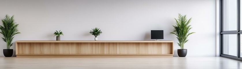 Fototapeta premium Modern interior with plants, wood furniture, and natural lighting.