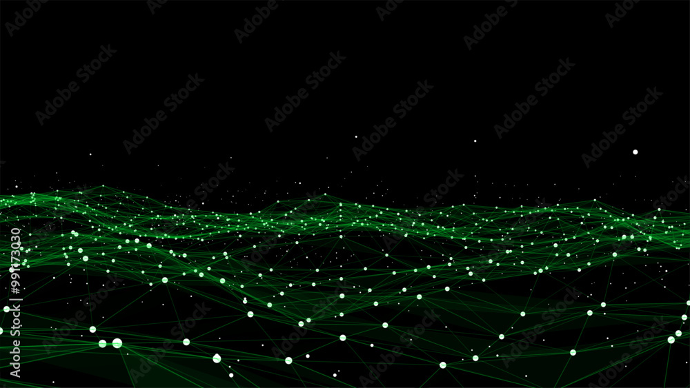Poster green futuristic moving wave. digital background with moving glowing particles and lines. big data v