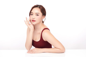 Beautiful young asian woman with clean fresh skin on white background, Face care, Facial treatment, Cosmetology, beauty and spa, Asian women portrait.