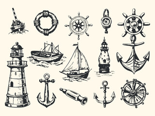 Set Old all sailing ship on the sea waves Vector