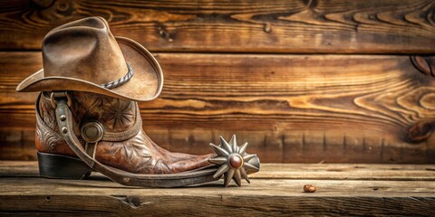 Close up of authentic western wear cowboy spur on wooden shelf