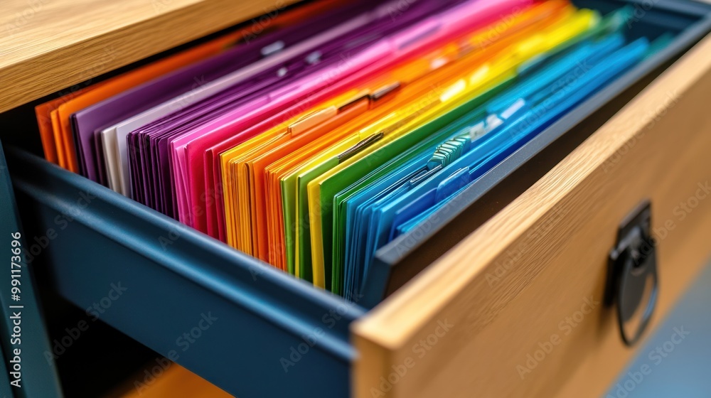 Poster a drawer filled with colorful file folders organized by color for office use.