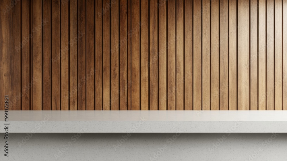 Poster modern empty countertop mockup with wooden wall panels in 3d render on white background for design a